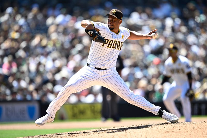 Jun 12, 2024; San Diego, California, USA; San Diego Padres relief pitcher Wandy Peralta (58) pitches against the Oakland Athletics during the sixth inning at Petco Park. Mandatory Credit: Orlando Ramirez-USA TODAY Sports