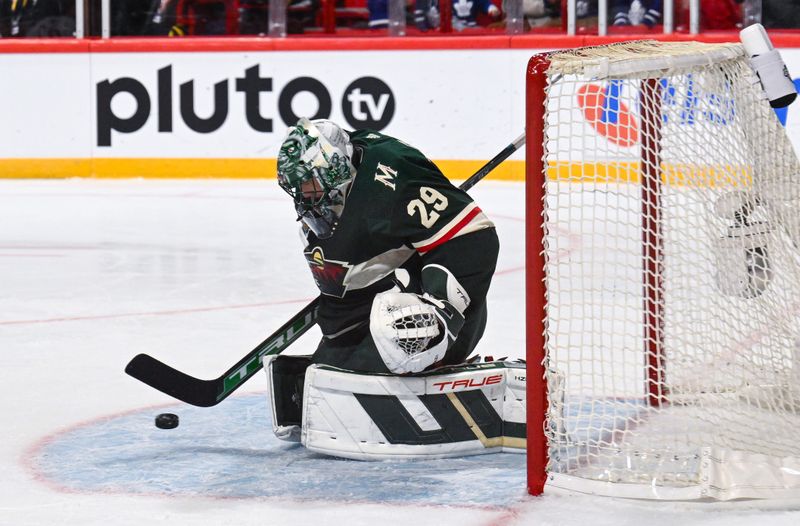 Nov 19, 2023; Stockholm, SWE; Minnesota Wild goaltender Marc-Andre Fleury (29) makes a save against the Toronto Maple Leafs during a Global Series NHL hockey game at Avicii Arena. Mandatory Credit: Per Haljestam-USA TODAY Sports