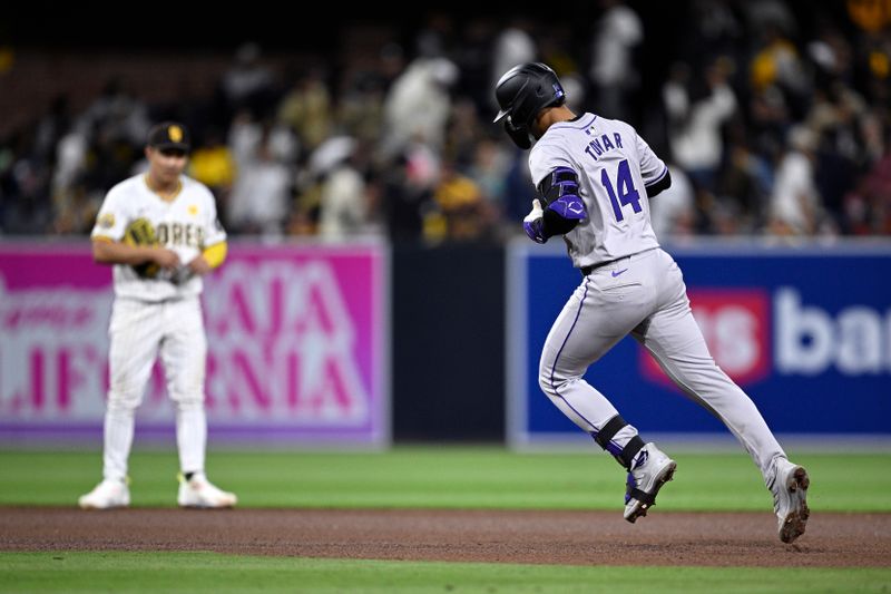 May 13, 2024; San Diego, California, USA; Colorado Rockies shortstop Ezequiel Tovar (14) rounds the bases after hitting a home run during the seventh inning against the San Diego Padres at Petco Park. Mandatory Credit: Orlando Ramirez-USA TODAY Sports