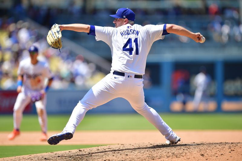 Jul 25, 2024; Los Angeles, California, USA; Los Angeles Dodgers pitcher Daniel Hudson (41) throws against the San Francisco Giants during the sixth inning at Dodger Stadium. Mandatory Credit: Gary A. Vasquez-USA TODAY Sports