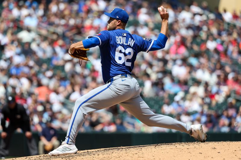 May 25, 2025; Minneapolis, Minnesota, USA; Kansas City Royals pitcher Jonathan Bowlan (62) delivers against the Minnesota Twins during the eighth inning at Target Field. Mandatory Credit: Matt Krohn-Imagn Images