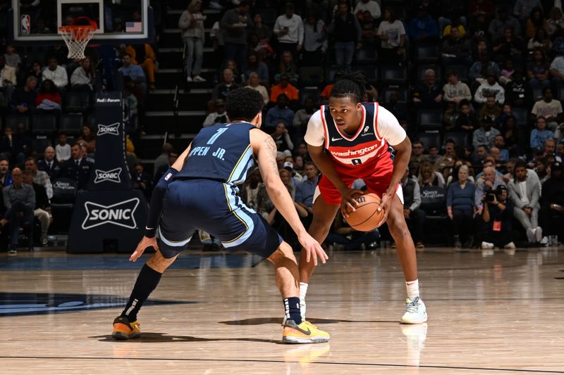 MEMPHIS, TN - NOVEMBER 8: Bub Carrington #8 of the Washington Wizards handles the ball during the game against the Memphis Grizzlies on November 8, 2024 at FedExForum in Memphis, Tennessee. NOTE TO USER: User expressly acknowledges and agrees that, by downloading and or using this photograph, User is consenting to the terms and conditions of the Getty Images License Agreement. Mandatory Copyright Notice: Copyright 2024 NBAE (Photo by Grant Burke/NBAE via Getty Images)