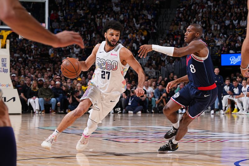DENVER, CO - APRIL 29: Jamal Murray #27 of the Denver Nuggets drives to the basket during the game against the LA Clippers during Round One Game Five of the 2025 NBA Playoffs on April 29, 2025 at Ball Arena in Denver, Colorado. NOTE TO USER: User expressly acknowledges and agrees that, by downloading and/or using this Photograph, user is consenting to the terms and conditions of the Getty Images License Agreement. Mandatory Copyright Notice: Copyright 2025 NBAE (Photo by Bart Young/NBAE via Getty Images)