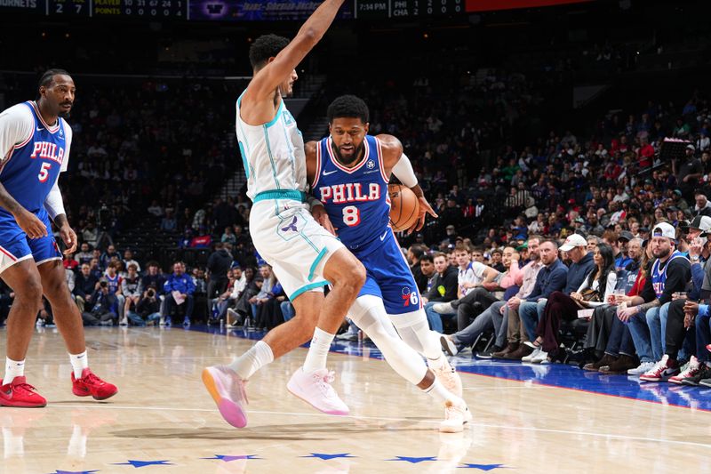 PHILADELPHIA, PA - NOVEMBER 10: Paul George #8 of the Philadelphia 76ers dribbles the ball during the game against the Charlotte Hornets on November 10, 2024 at the Wells Fargo Center in Philadelphia, Pennsylvania NOTE TO USER: User expressly acknowledges and agrees that, by downloading and/or using this Photograph, user is consenting to the terms and conditions of the Getty Images License Agreement. Mandatory Copyright Notice: Copyright 2024 NBAE (Photo by Jesse D. Garrabrant/NBAE via Getty Images)