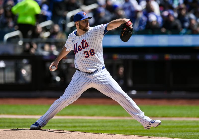 Apr 9, 2025; New York City, New York, USA; New York Mets pitcher Tylor Megill (38) pitches against the Miami Marlins during the first inning at Citi Field. Mandatory Credit: John Jones-Imagn Images