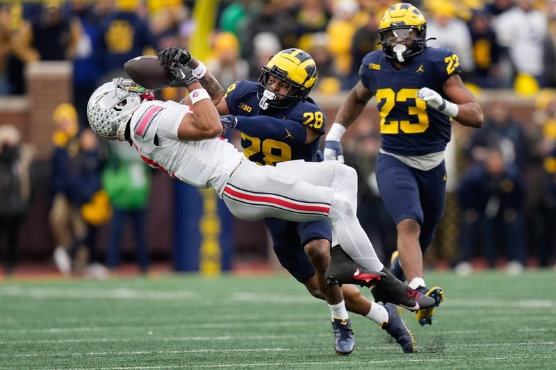 Michigan Wolverines defensive back Quinten Johnson (28) hits Ohio State Buckeyes wide receiver Emeka Egbuka (2), forcing an incomplete pass. Mandatory Credit: Adam Cairns-USA TODAY Sports