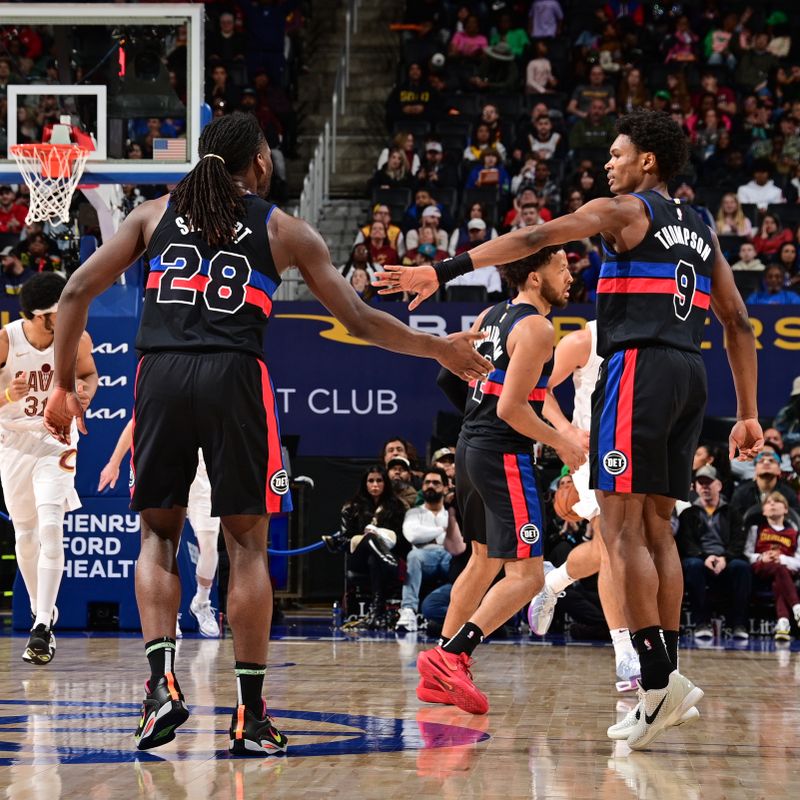 DETROIT, MI - MARCH 1: Isaiah Stewart #28 of the Detroit Pistons high fives Ausar Thompson #9 during the game against the Cleveland Cavaliers on March 1, 2024 at Little Caesars Arena in Detroit, Michigan. NOTE TO USER: User expressly acknowledges and agrees that, by downloading and/or using this photograph, User is consenting to the terms and conditions of the Getty Images License Agreement. Mandatory Copyright Notice: Copyright 2024 NBAE (Photo by Chris Schwegler/NBAE via Getty Images)