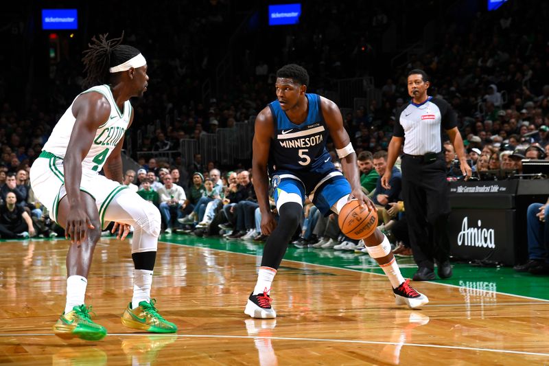 BOSTON, MA - NOVEMBER 24: Anthony Edwards #5 of the Minnesota Timberwolves looks on during the game against the Boston Celtics on November 24, 2024 at the TD Garden in Boston, Massachusetts. NOTE TO USER: User expressly acknowledges and agrees that, by downloading and or using this photograph, User is consenting to the terms and conditions of the Getty Images License Agreement. Mandatory Copyright Notice: Copyright 2024 NBAE(Photo by Brian Babineau/NBAE via Getty Images)