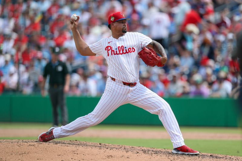Mar 15, 2026; Clearwater, Florida, USA; Philadelphia Phillies pitcher Jhoan Duran (59) throws a pitch against the Atlanta Braves in the seventh inning during spring training at BayCare Ballpark. Mandatory Credit: Nathan Ray Seebeck-Imagn Images