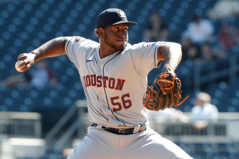 Apr 12, 2023; Pittsburgh, Pennsylvania, USA;  Houston Astros relief pitcher Ronel Blanco (56) pitches against the Pittsburgh Pirates during the ninth inning at PNC Park. The Astros shutout the Pirates 7-0. Mandatory Credit: Charles LeClaire-USA TODAY Sports