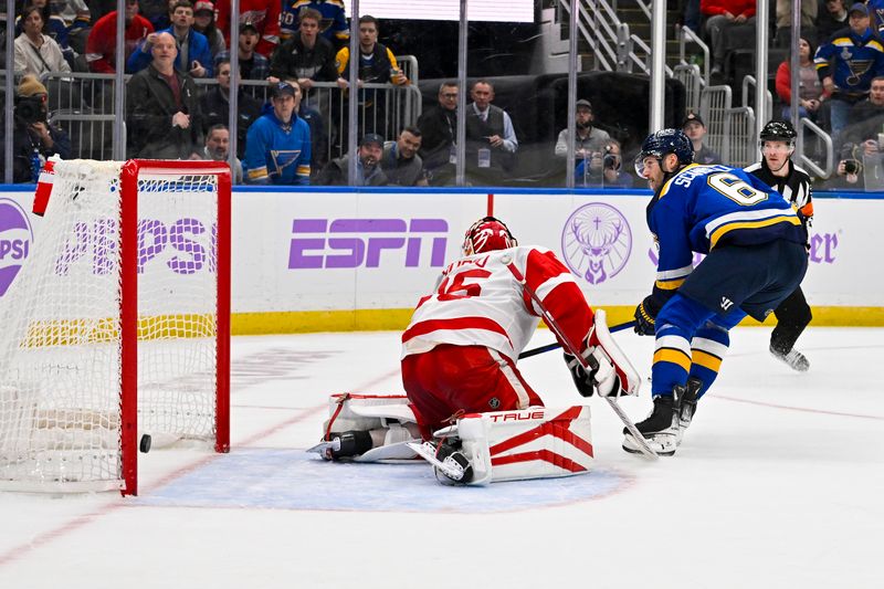 Dec 12, 2023; St. Louis, Missouri, USA;  St. Louis Blues defenseman Marco Scandella (6) shoots and scorers against Detroit Red Wings goaltender Ville Husso (35) during the second period at Enterprise Center. Mandatory Credit: Jeff Curry-USA TODAY Sports