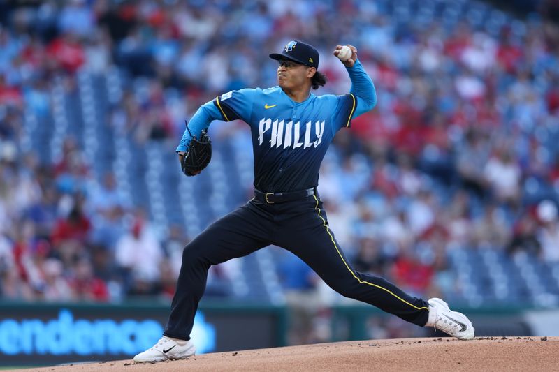 May 2, 2025; Philadelphia, Pennsylvania, USA; Philadelphia Phillies pitcher Jesús Luzardo (44) pitches against the Arizona Diamondbacks during the first inning at Citizens Bank Park. Mandatory Credit: Bill Streicher-Imagn Images