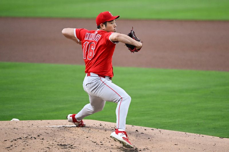 May 12, 2025; San Diego, California, USA; Los Angeles Angels starting pitcher Yusei Kikuchi (16) delivers during the first inning against the San Diego Padres at Petco Park. Mandatory Credit: Denis Poroy-Imagn Images