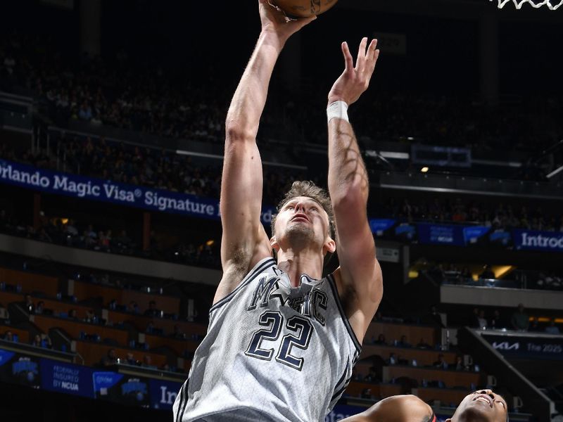 ORLANDO, FL - FEBRUARY 10: Franz Wagner #22 of the Orlando Magic drives to the basket during the game against the Atlanta Hawks on February 10, 2025 at Kia Center in Orlando, Florida. NOTE TO USER: User expressly acknowledges and agrees that, by downloading and or using this photograph, User is consenting to the terms and conditions of the Getty Images License Agreement. Mandatory Copyright Notice: Copyright 2025 NBAE (Photo by Fernando Medina/NBAE via Getty Images)