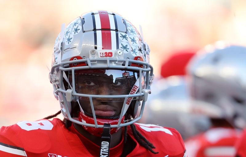 Nov 18, 2023; Columbus, Ohio, USA; Ohio State Buckeyes wide receiver Marvin Harrison Jr. (18) with a reflection in his visor before the game against the Minnesota Golden Gophers at Ohio Stadium. Mandatory Credit: Joseph Maiorana-USA TODAY Sports