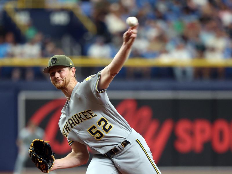 May 20, 2023; St. Petersburg, Florida, USA; Milwaukee Brewers starting pitcher Eric Lauer (52) throws a pitch during the first inning against the Tampa Bay Rays at Tropicana Field. Mandatory Credit: Kim Klement-USA TODAY Sports