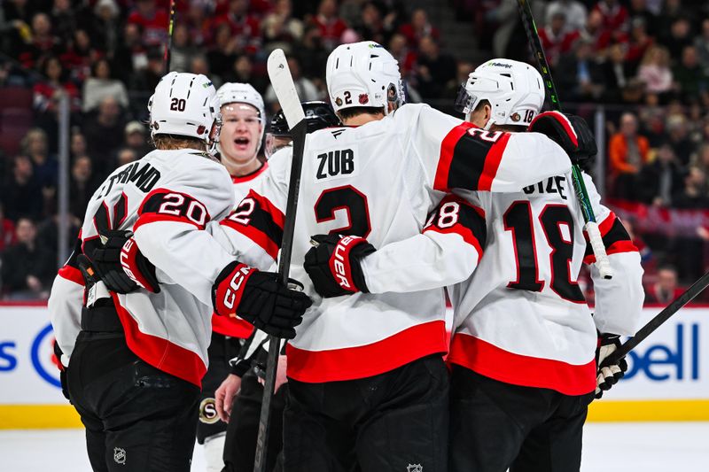 Dec 2, 2025; Montreal, Quebec, CAN; Ottawa Senators defenseman Artem Zub (2) celebrates with his teammates his goal against the Montreal Canadiens during the first period at Bell Centre. Mandatory Credit: David Kirouac-Imagn Images