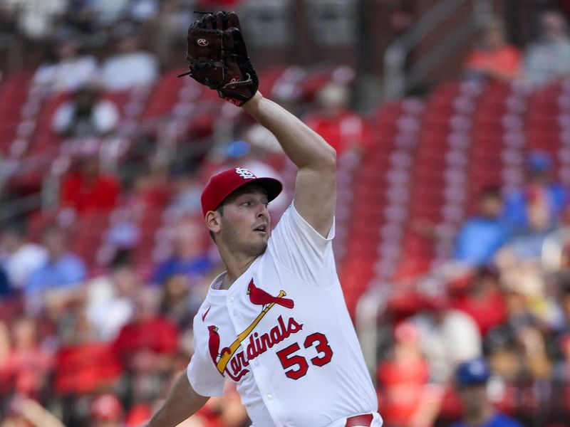 Jun 9, 2025; St. Louis, Missouri, USA;  St. Louis Cardinals starting pitcher Andre Pallante (53) pitches against the Toronto Blue Jays during the first inning at Busch Stadium. Mandatory Credit: Jeff Curry-Imagn Images