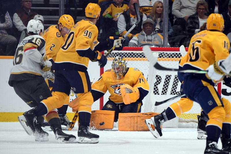 Mar 26, 2024; Nashville, Tennessee, USA; Nashville Predators goaltender Juuse Saros (74) makes a save during the first period against the Vegas Golden Knights at Bridgestone Arena. Mandatory Credit: Christopher Hanewinckel-USA TODAY Sports