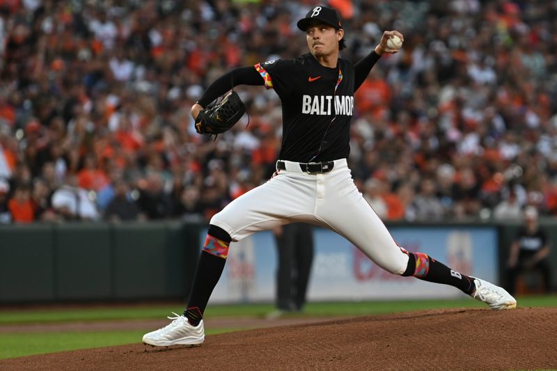 Aug 23, 2024; Baltimore, Maryland, USA; Baltimore Orioles starting pitcher Cade Povich (37) throws a first inning pitch against the Houston Astros  at Oriole Park at Camden Yards. Mandatory Credit: Tommy Gilligan-USA TODAY Sports