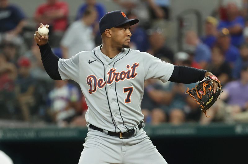 Jun 28, 2023; Arlington, Texas, USA;  Detroit Tigers second baseman Jonathan Schoop (7) comes into the game to pitch during the seventh inning against the Texas Rangers at Globe Life Field. Mandatory Credit: Kevin Jairaj-USA TODAY Sports