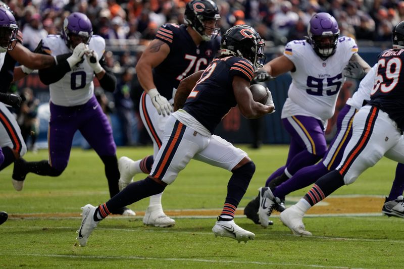 Chicago Bears wide receiver Velus Jones Jr. runs during the first half of an NFL football game against the Minnesota Vikings, Sunday, Oct. 15, 2023, in Chicago. (AP Photo/Nam Y. Huh)