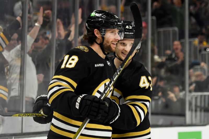 Apr 16, 2024; Boston, Massachusetts, USA;  Boston Bruins center Pavel Zacha (18) is congratulated by center Danton Heinen (43) after scoring a goal during the third period against the Ottawa Senators at TD Garden. Mandatory Credit: Bob DeChiara-USA TODAY Sports