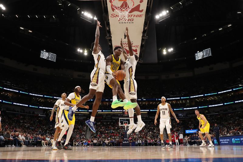 CHICAGO, IL - NOVEMBER 1: Bennedict Mathurin #00 of the Indiana Pacers drives to the basket during the game against the New Orleans Pelicans on November 1, 2024 at Smoothie King Center in New Orleans, Louisiana. NOTE TO USER: User expressly acknowledges and agrees that, by downloading and or using this photograph, User is consenting to the terms and conditions of the Getty Images License Agreement. Mandatory Copyright Notice: Copyright 2024 NBAE (Photo by Jeff Haynes/NBAE via Getty Images)