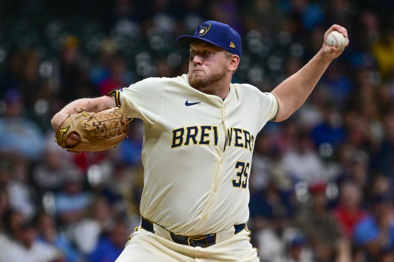 Sep 18, 2024; Milwaukee, Wisconsin, USA;  Milwaukee Brewers pitcher Jared Koenig (35) pitches in the seventh inning against the Philadelphia Phillies at American Family Field. Mandatory Credit: Benny Sieu-Imagn Images