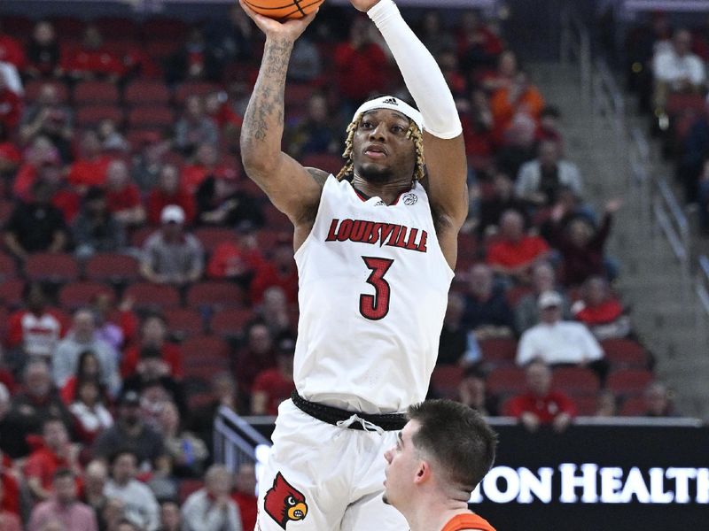 Jan 3, 2023; Louisville, Kentucky, USA; Louisville Cardinals guard El Ellis (3) shoots against Syracuse Orange guard Joseph Girard III (11) during the second half at KFC Yum! Center. Syracuse defeated Louisville 70-69. Mandatory Credit: Jamie Rhodes-USA TODAY Sports