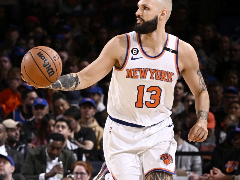 NEW YORK, NY - APRIL 9: Evan Fournier #13 of the New York Knicks dribbles the ball during the game against the Indiana Pacers on April 9, 2023 at Madison Square Garden in New York City, New York. NOTE TO USER: User expressly acknowledges and agrees that, by downloading and or using this photograph, User is consenting to the terms and conditions of the Getty Images License Agreement. Mandatory Copyright Notice: Copyright 2023 NBAE  (Photo by David Dow/NBAE via Getty Images)