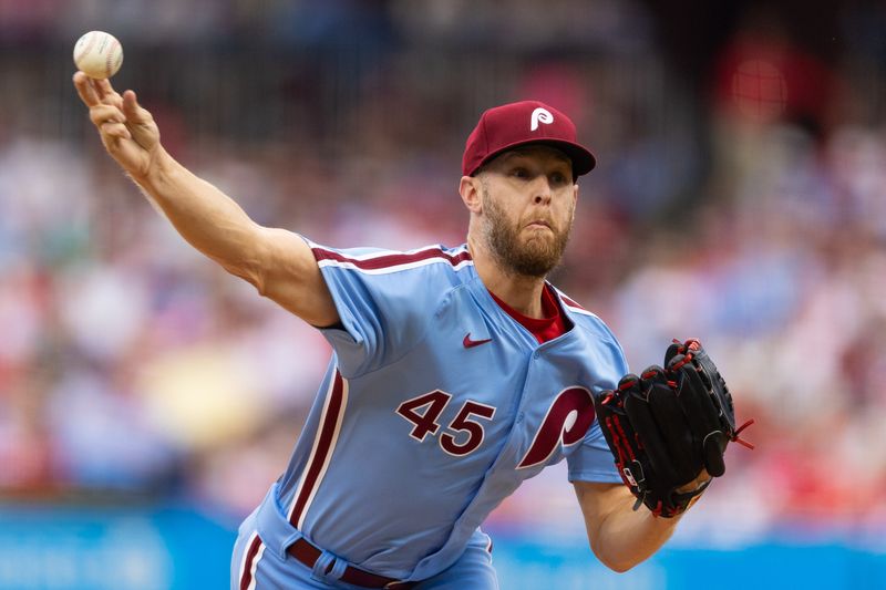 May 23, 2024; Philadelphia, Pennsylvania, USA; Philadelphia Phillies pitcher Zack Wheeler (45) throws a pitch during the second inning against the Texas Rangers at Citizens Bank Park. Mandatory Credit: Bill Streicher-USA TODAY Sports