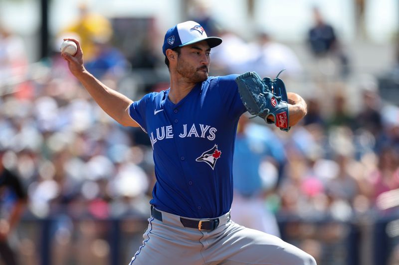 Mar 11, 2024; Port Charlotte, Florida, USA;  Toronto Blue Jays relief pitcher Mitch White (45) throws a pitch against the Tampa Bay Rays in the first inning at Charlotte Sports Park. Mandatory Credit: Nathan Ray Seebeck-USA TODAY Sports