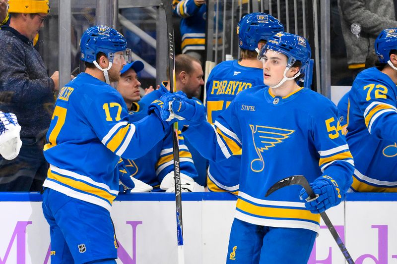 Dec 15, 2025; St. Louis, Missouri, USA; St. Louis Blues right wing Dalibor Dvorsky (54) is congratulated by defenseman Cam Fowler (17) after scoring against the Nashville Predators during the first period at Enterprise Center. Mandatory Credit: Jeff Curry-Imagn Images