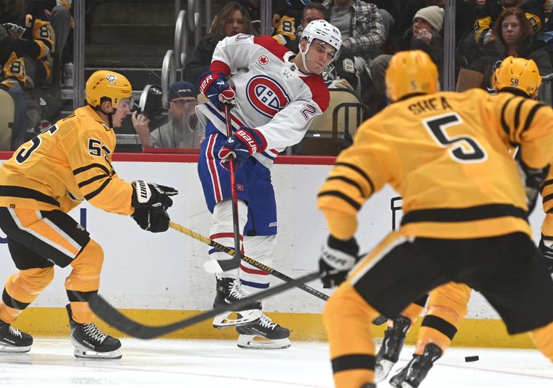 Dec 11, 2025; Pittsburgh, Pennsylvania, USA;  Montreal Canadiens left wing Juraj Slafkovsky (20) moves the puck between Pittsburgh Penguins center Noel Acciari (55) and Ryan Shea (5) during the second period at PPG Paints Arena. Mandatory Credit: Philip G. Pavely-Imagn Images