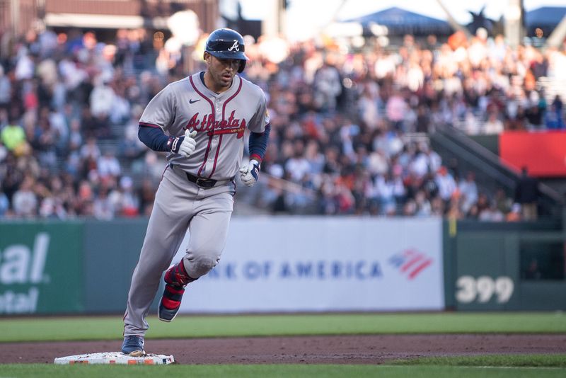 Aug 13, 2024; San Francisco, California, USA;  Atlanta Braves outfielder Ramon Laureano (18) rounds third base after hitting a home run against the San Francisco Giants during the second inning at Oracle Park. Mandatory Credit: Ed Szczepanski-USA TODAY Sports