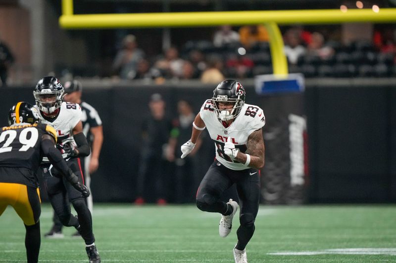 Atlanta Falcons wide receiver J.J. Arcega-Whiteside (83) runs a route in the first half of an NFL football game against the Pittsburgh Steelers in Atlanta, Thursday, Aug. 24, 2023. (AP Photo/Gerald Herbert)