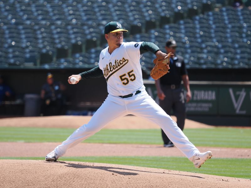 Aug 23, 2023; Oakland, California, USA; Oakland Athletics starting pitcher Adrian Martinez (55) pitches the ball against the Kansas City Royals during the first inning at Oakland-Alameda County Coliseum. Mandatory Credit: Kelley L Cox-USA TODAY Sports