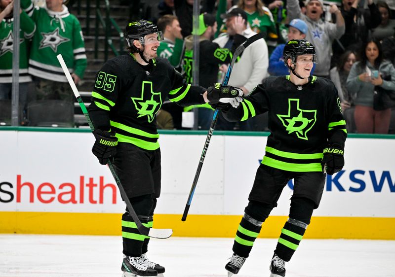 Jan 10, 2024; Dallas, Texas, USA; Dallas Stars center Matt Duchene (95) and defenseman Nils Lundkvist (5) celebrates after Duchene scores a goal against Minnesota Wild goaltender Jesper Wallstedt (not pictured) during the second period at the American Airlines Center. Mandatory Credit: Jerome Miron-USA TODAY Sports