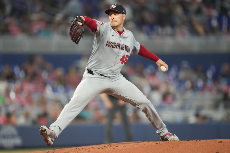 Apr 28, 2024; Miami, Florida, USA;  Washington Nationals starting pitcher Patrick Corbin (46) pitches in the first inning against the Miami Marlins at loanDepot Park. Mandatory Credit: Jim Rassol-USA TODAY Sports