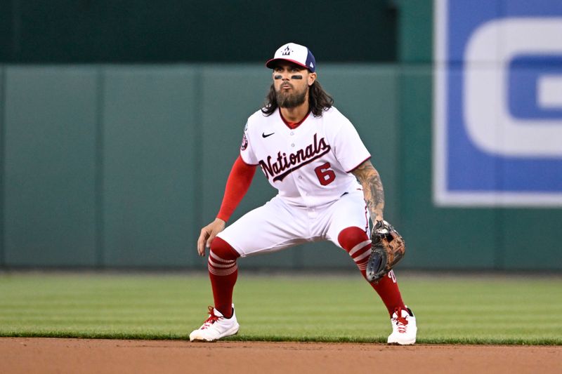 Apr 4, 2023; Washington, District of Columbia, USA; Washington Nationals second baseman Michael Chavis (6) in the field against the Tampa Bay Rays during the first inning at Nationals Park. Mandatory Credit: Brad Mills-USA TODAY Sports