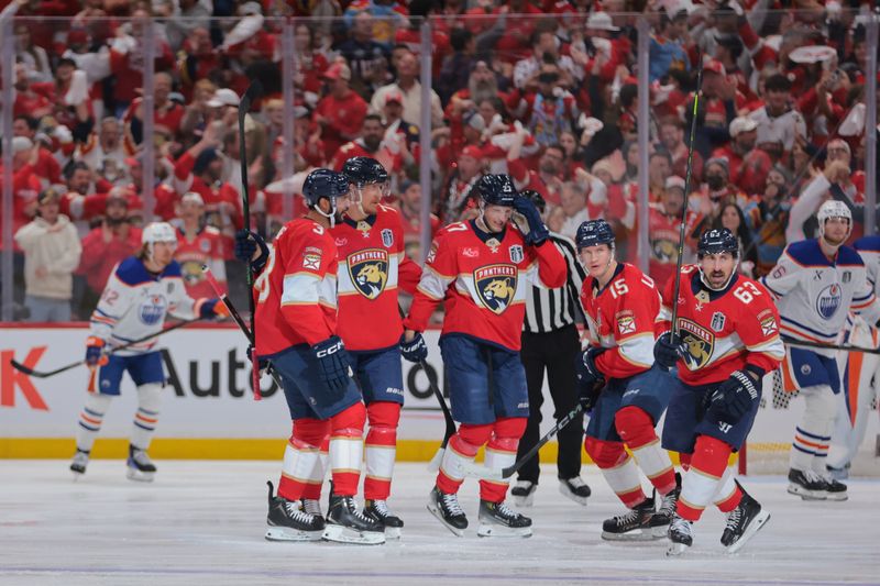 Jun 9, 2025; Sunrise, Florida, USA; Florida Panthers forward Brad Marchand (63) celebrates after scoring during the first period against the Edmonton Oilers in game three of the 2025 Stanley Cup Final at Amerant Bank Arena. Mandatory Credit: Sam Navarro-Imagn Images