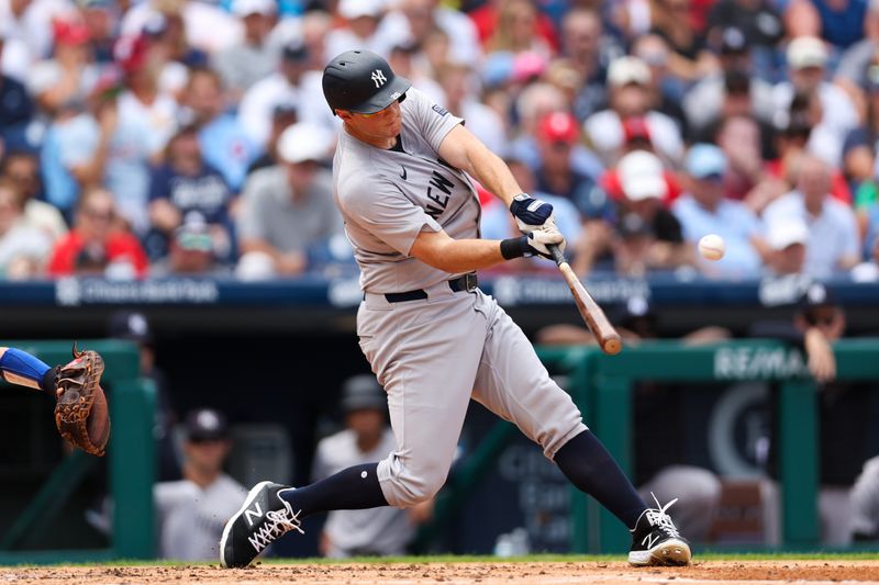 Jul 31, 2024; Philadelphia, Pennsylvania, USA;  New York Yankees third base DJ LeMahieu (26) hits a four RBI grand slam during the second inning against the Philadelphia Phillies at Citizens Bank Park. Mandatory Credit: Bill Streicher-USA TODAY Sports