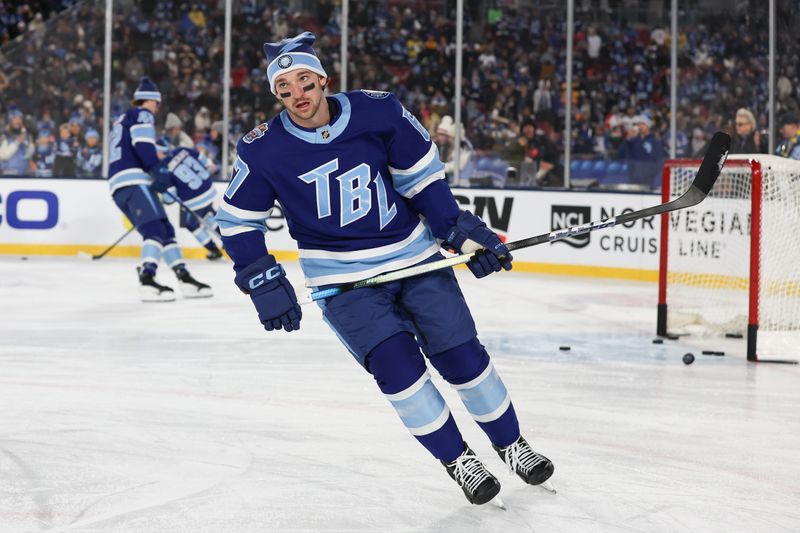 Feb 1, 2026; Tampa Bay, Florida, USA; Tampa Bay Lightning defenseman Declan Carlile (67) warms up on the ice prior to the 2026 Stadium Series ice hockey game against the Boston Bruins at Raymond James Stadium. Mandatory Credit: Kim Klement Neitzel-Imagn Images Feb 1, 2026; Tampa Bay, Florida, USA; Tampa Bay Lightning defenseman Declan Carlile (67) warms up on the ice prior to the 2026 Stadium Series ice hockey game against the Boston Bruins at Raymond James Stadium. Mandatory Credit: Kim Klement Neitzel-Imagn Images