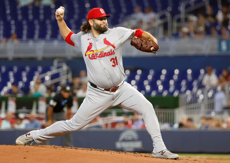 Jun 18, 2024; Miami, Florida, USA; St. Louis Cardinals starting pitcher Lance Lynn (31) against the Miami Marlins in the first inning at loanDepot Park. Mandatory Credit: Rhona Wise-USA TODAY Sports