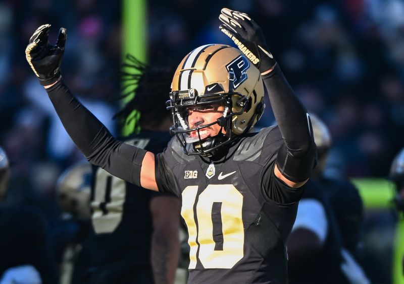 Nov 25, 2023; West Lafayette, Indiana, USA; Purdue Boilermakers defensive back Cam Allen (10) celebrates a defensive stop during the second half at Ross-Ade Stadium. Mandatory Credit: Robert Goddin-USA TODAY Sports