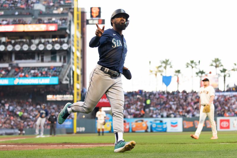 Jul 3, 2023; San Francisco, California, USA;  Seattle Mariners right fielder Teoscar Hernandez (35) reacts during the fourth inning against the San Francisco Giants at Oracle Park. Mandatory Credit: Stan Szeto-USA TODAY Sports