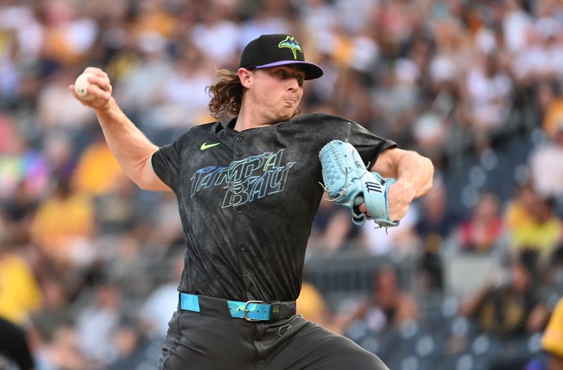 Jun 21, 2024; Pittsburgh, Pennsylvania, USA; Tampa Bay Rays starting pitcher Ryan Pepiot (44) throws a first-inning pitch against the Pittsburgh Pirates at PNC Park. Mandatory Credit: Philip G. Pavely-USA TODAY Sports