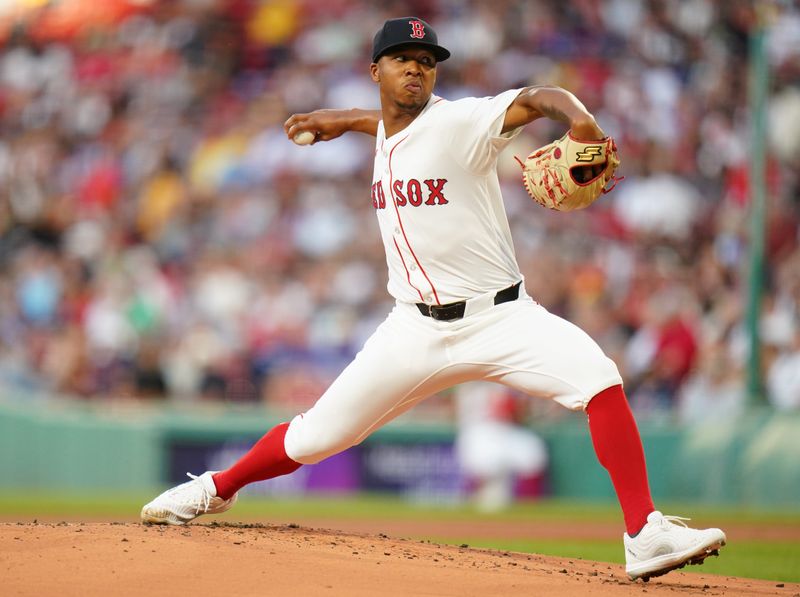 Aug 12, 2024; Boston, Massachusetts, USA; Boston Red Sox starting pitcher Brayan Bello (66) throws a pitch against the Texas Rangers in the first inning at Fenway Park. Mandatory Credit: David Butler II-USA TODAY Sports