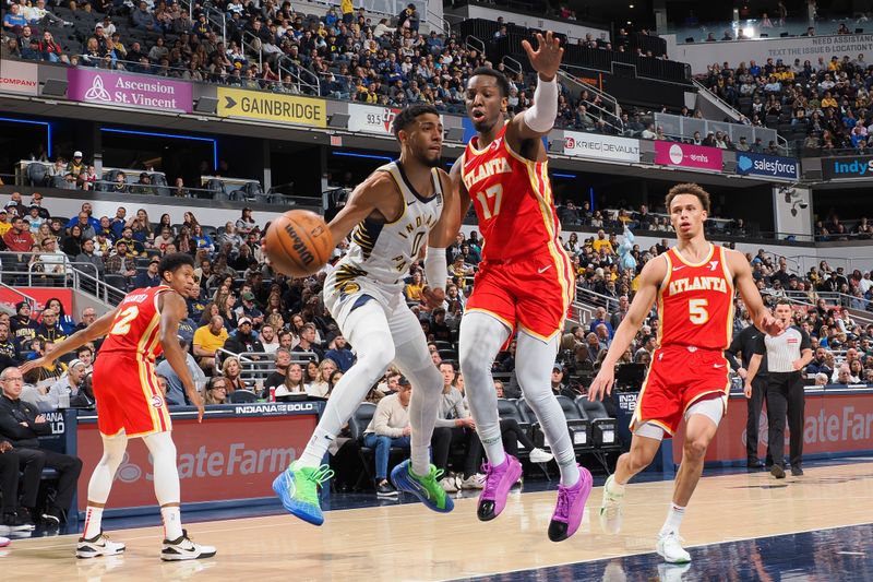 INDIANAPOLIS, IN - FEBRUARY 1: Tyrese Haliburton #0 of the Indiana Pacers passes the ball during the game against the Atlanta Hawks on February 1, 2025 at Gainbridge Fieldhouse in Indianapolis, Indiana. NOTE TO USER: User expressly acknowledges and agrees that, by downloading and or using this Photograph, user is consenting to the terms and conditions of the Getty Images License Agreement. Mandatory Copyright Notice: Copyright 2025 NBAE (Photo by Ron Hoskins/NBAE via Getty Images)